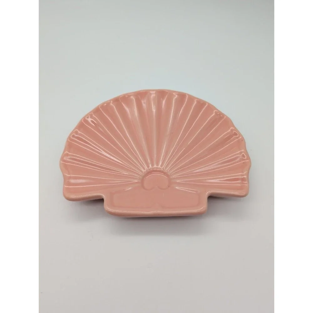 Vtg Haegar Soap Dish Ceramic Fan Sea Shell 1980s Blush Pink Nautical Coastal